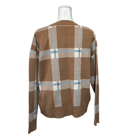 Fall plaid v-neck sweater. Tan, white and slate blue. - Picture 2 of 4